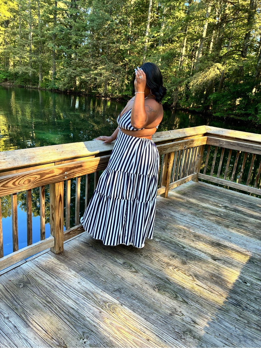 Women’s navy and White Striped Tiered Maxi Dress